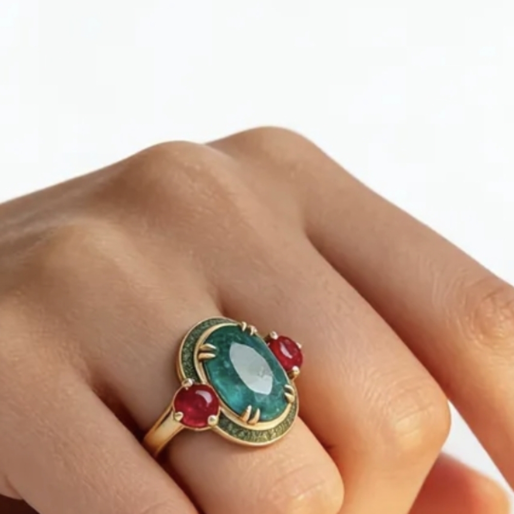 Gold-Plated Emerald And Ruby Statement Ring - Gre… - image 4